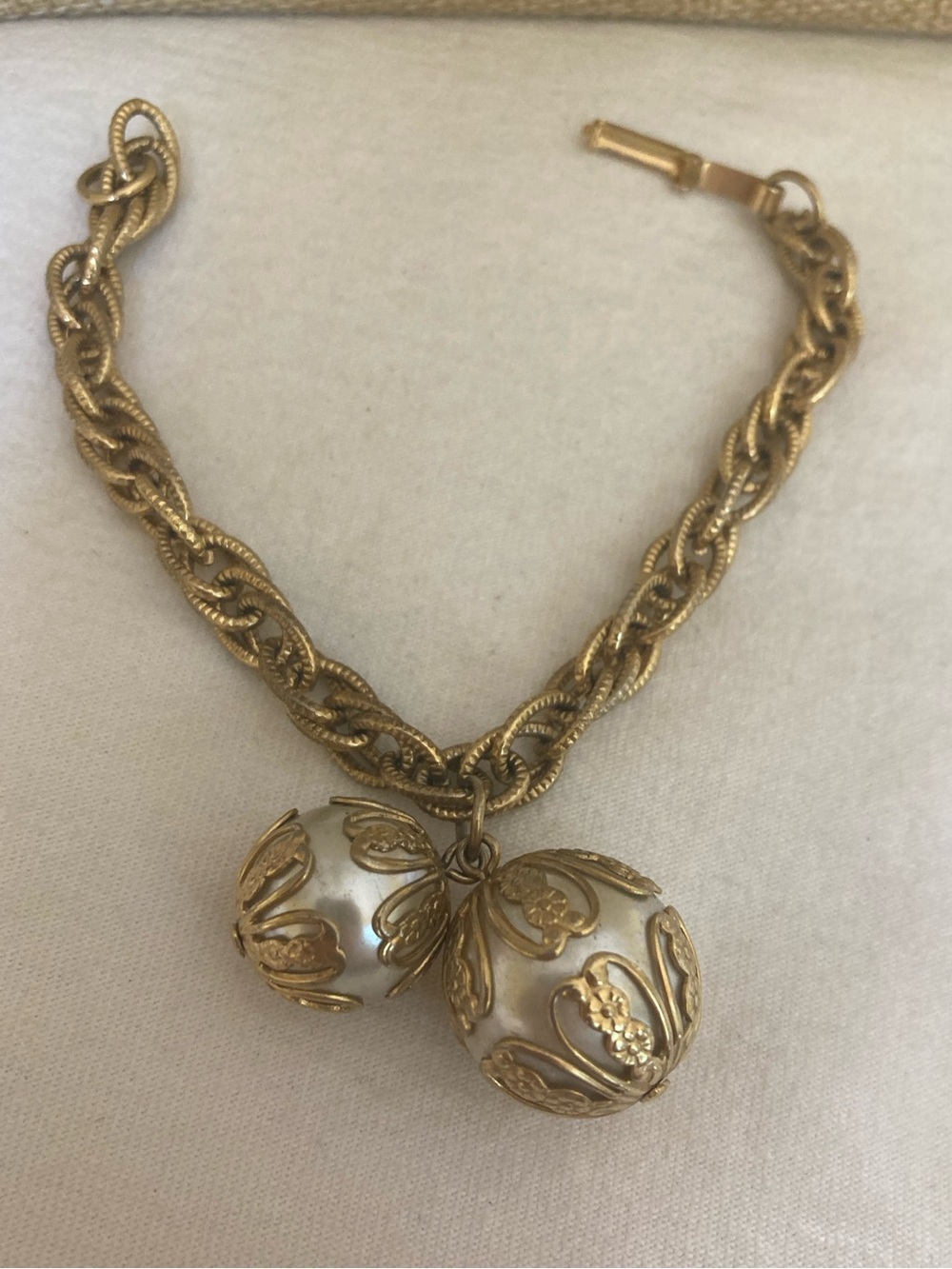 Ornate Filigree Case Framed Faux Pearls Charms Vintage Bracelet